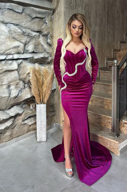 Classy Mermaid Halter Long Sleeve Rhinestone Satin Prom Dress With Splites