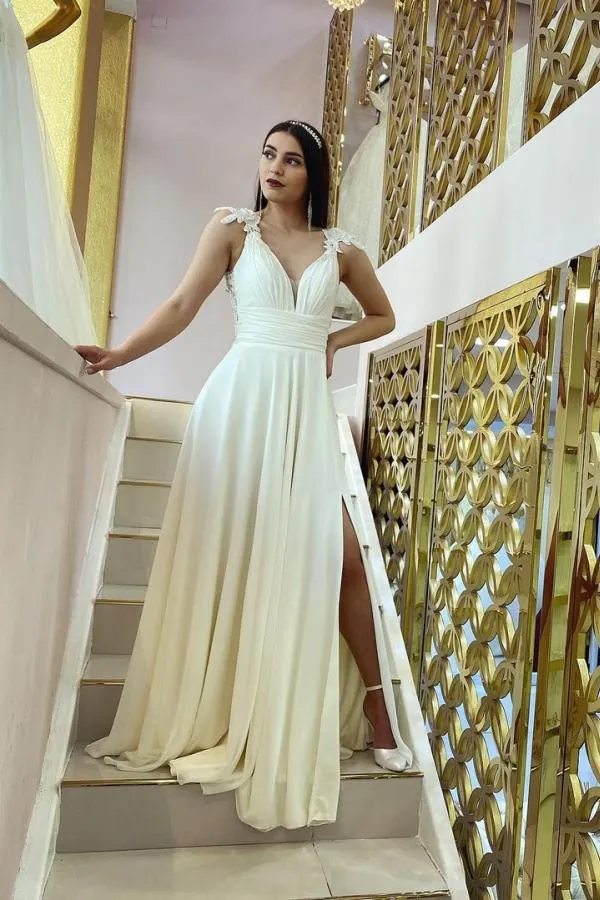 Vintage Split Long A-Line V-Neck Wedding Dress with Lace Chiffon