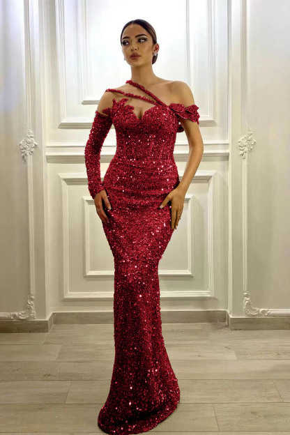 Gorgeous Long Sleeves One Shoulder Lavender Prom Dress Mermaid With Sequins