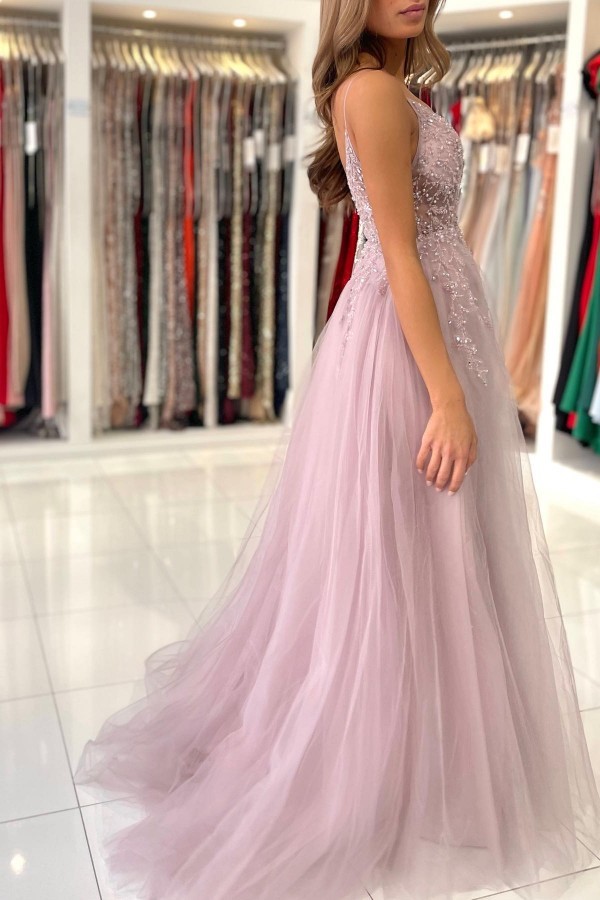 BMbridal Spaghetti-Straps Long Prom Dress Sleeveless Tulle With Beadings