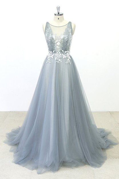 BMbridal Elegant Gray Tulle Round Neck Beach Wedding Dress Jewel Sweep Train Bridal Gowns On Sale
