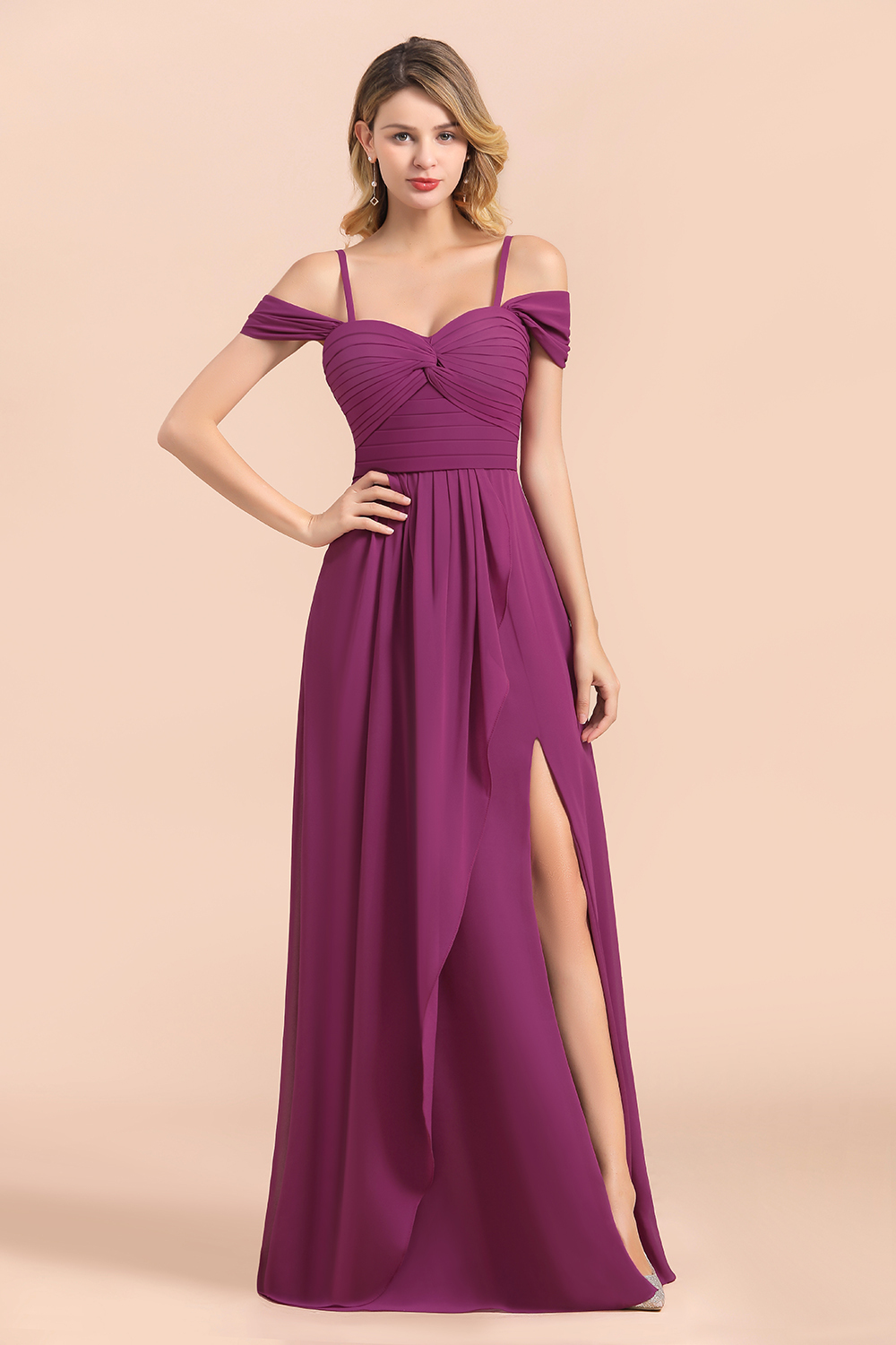 BMbridal Gorgeous Off-the-Shoulder Ruffle Orchid Bridesmaid Dress Online with Slit-BMbridal
