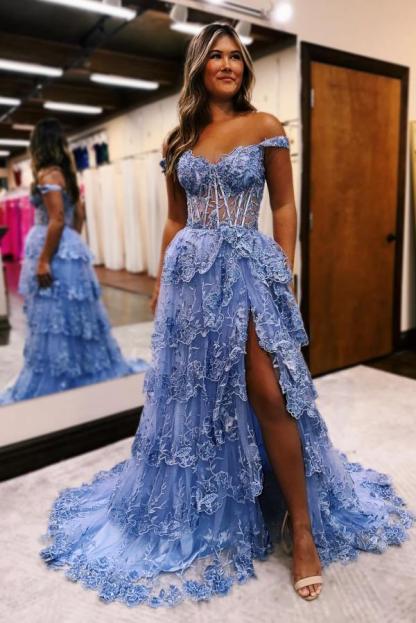 Charming A-Line V-Neck Off-The-Shoulder Split Front Lace Wedding Dresses