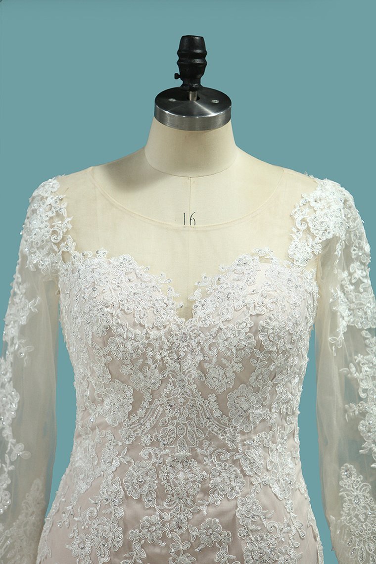 BMbridal Elegant Mermaid Jewel Tulle Lace Wedding Dress Long Sleeves Appliques Sequined Bridal Gowns Online-BMbridal