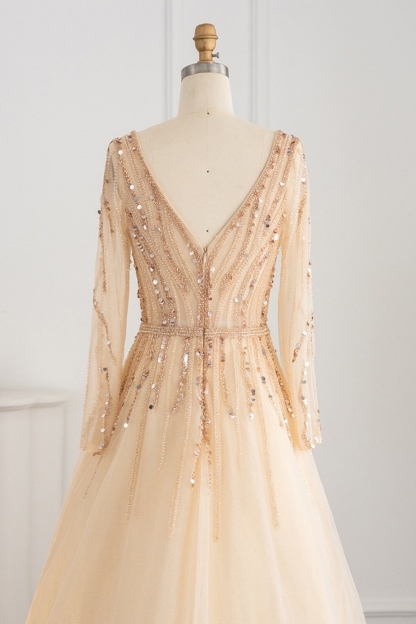Bmbridal Champagne A-Line Long Sleeves V-Neck Prom Dresses with Appliques