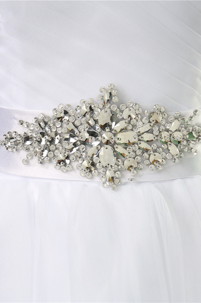 BMbridal Chic Strapless Sweetheart White Tulle Wedding Dress Sleeveless Beadings Bridal Gowns with Sash-BMbridal