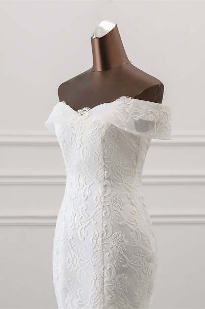 BMbridal Glamorous Tulle Lace Off-the-Shoulder White Mermaid Wedding Dresses Online