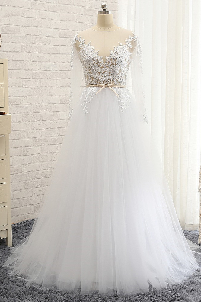 BMbridal Affordable White Tulle Ruffles Lace Wedding Dresses Jewel Longsleeves Bridal Gowns With Appliques On Sale-BMbridal