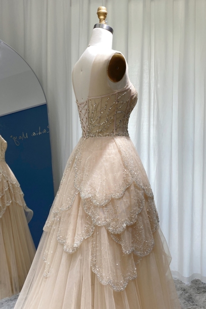 Bmbridal A-Line Hi-Lo Sleeveless Strapless Elegant Tulle Prom Dresses with Lace