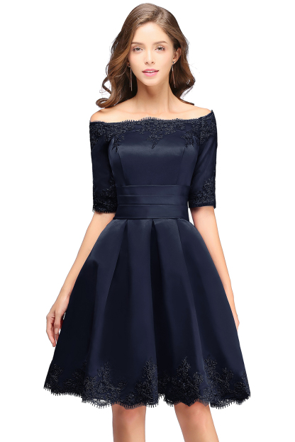 BMbridal Chic Half Sleeve Lace-up Off-shoulder Lace Appliques Short Prom Dress