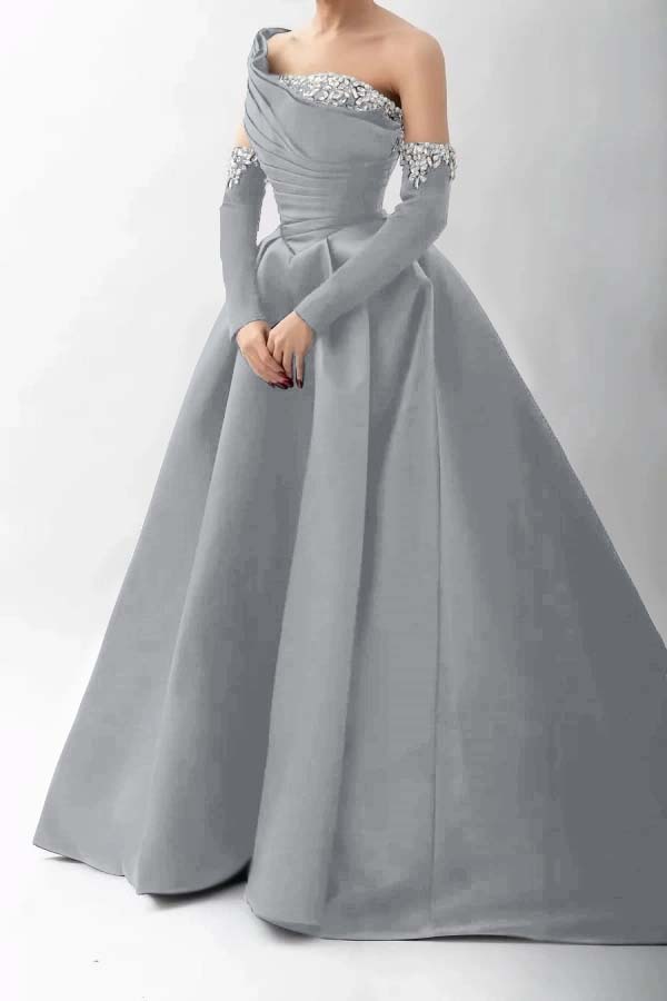 One Shoulder A Line Long Prom Dress With Beading Detachable sleeves