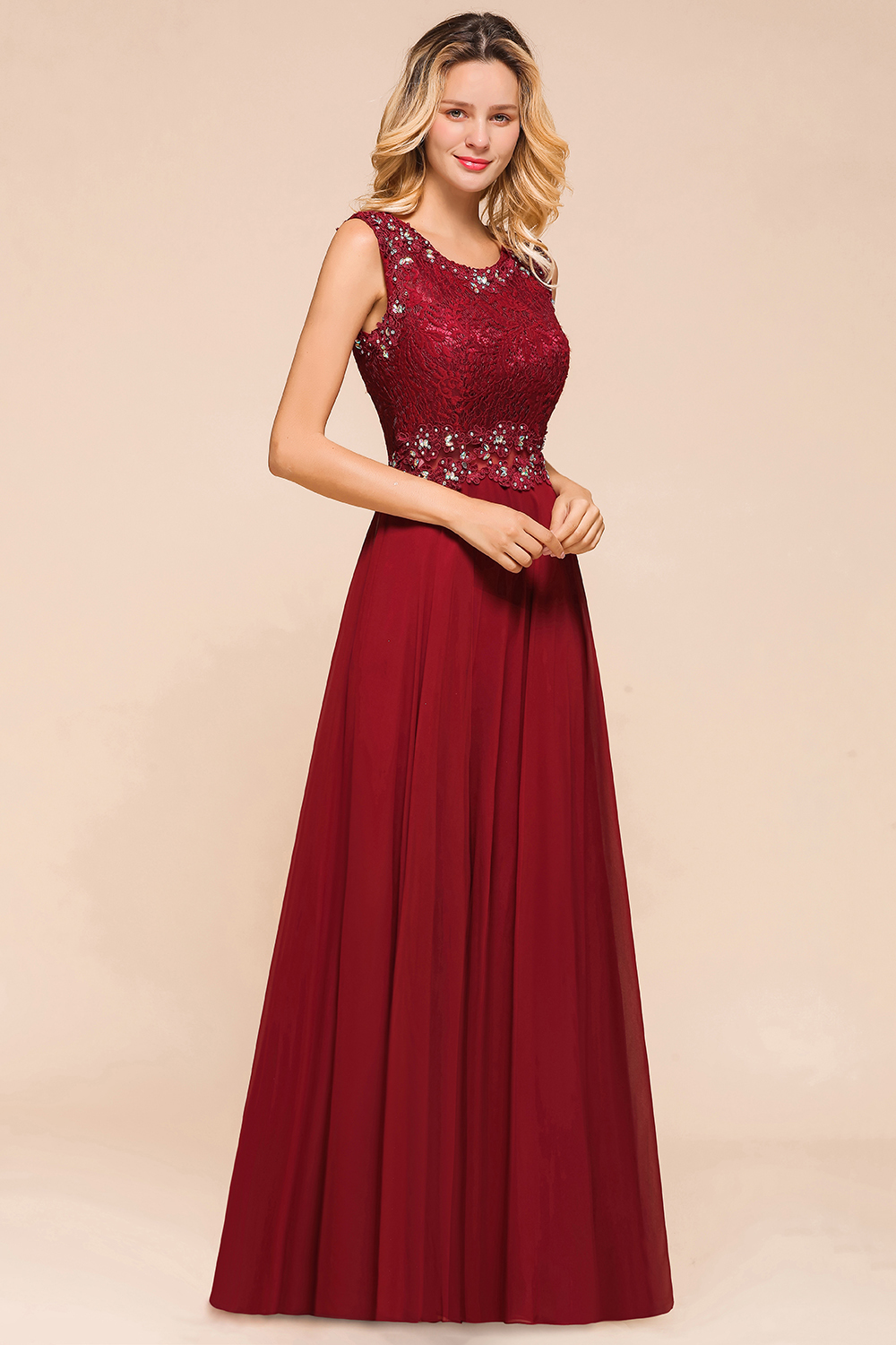 BMbridal Burgundy Lace Long Prom Dresses Sleeveless Chiffon Evening Gowns With Crystal