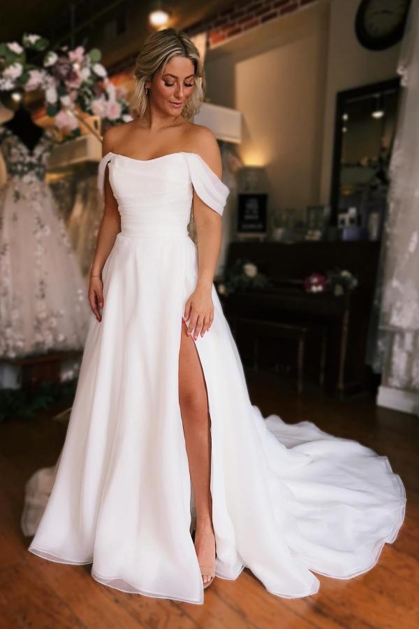 Bmbridal Satin Wedding Dress Off-the-Shoulder Slit Long-BMbridal