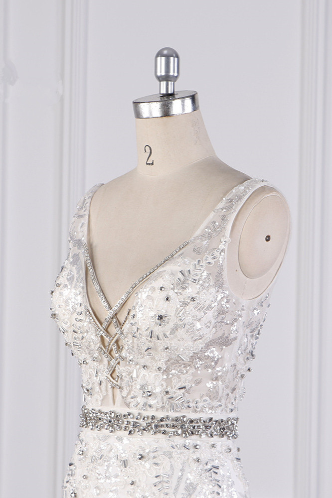 BMbridal Sparkly Sequins Straps V-Neck Wedding Dress Beadings Sleeveless Bridal Gowns with Sash On Sale-BMbridal