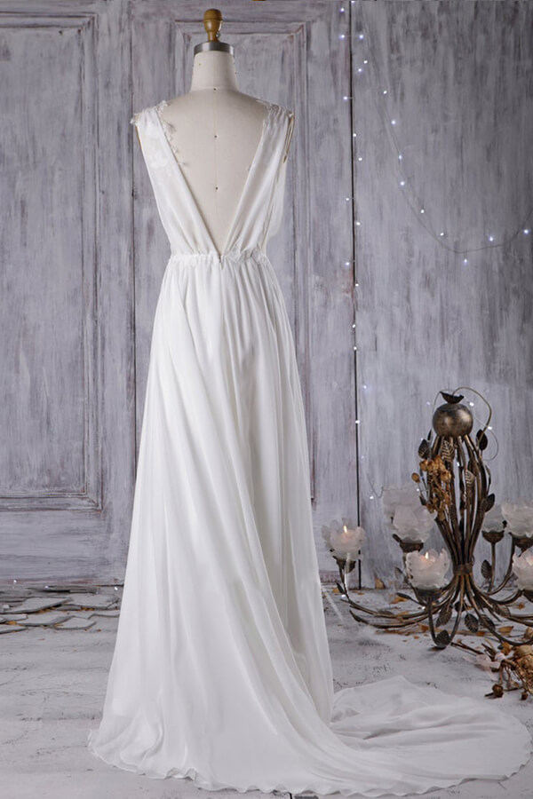 BMbridal Sexy A-line V-Neck Chiffon Wedding Dress Sleeveless Lace Appliques Bridal Gowns On Sale-BMbridal