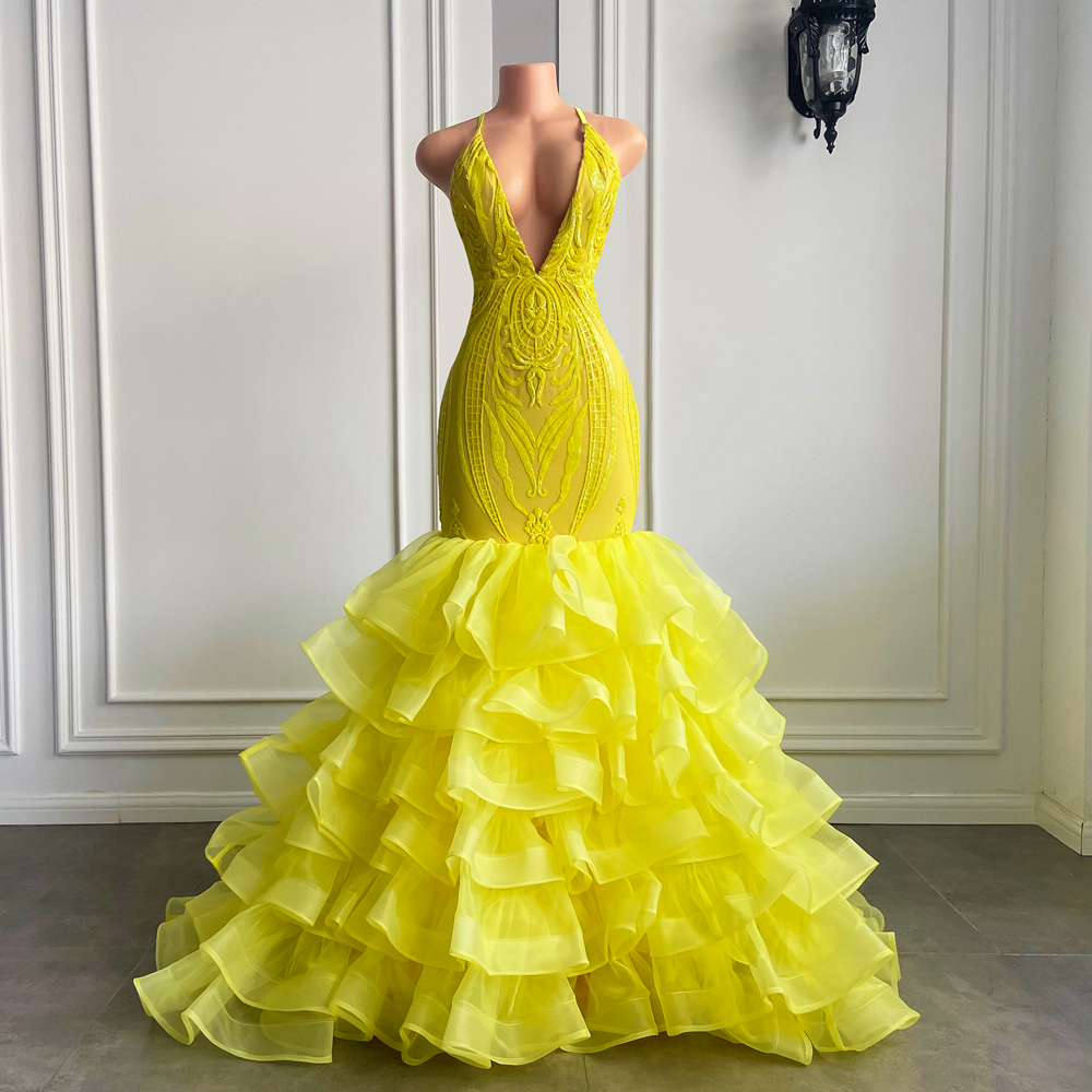 Bmbridal Yellow V-Neck Prom Dress Lace Ruffles Long On Sale