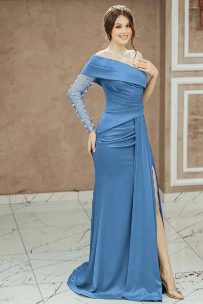 Red Beadings One Shoulder Pleated Prom Dress Split Mermaid With Long Sleeve