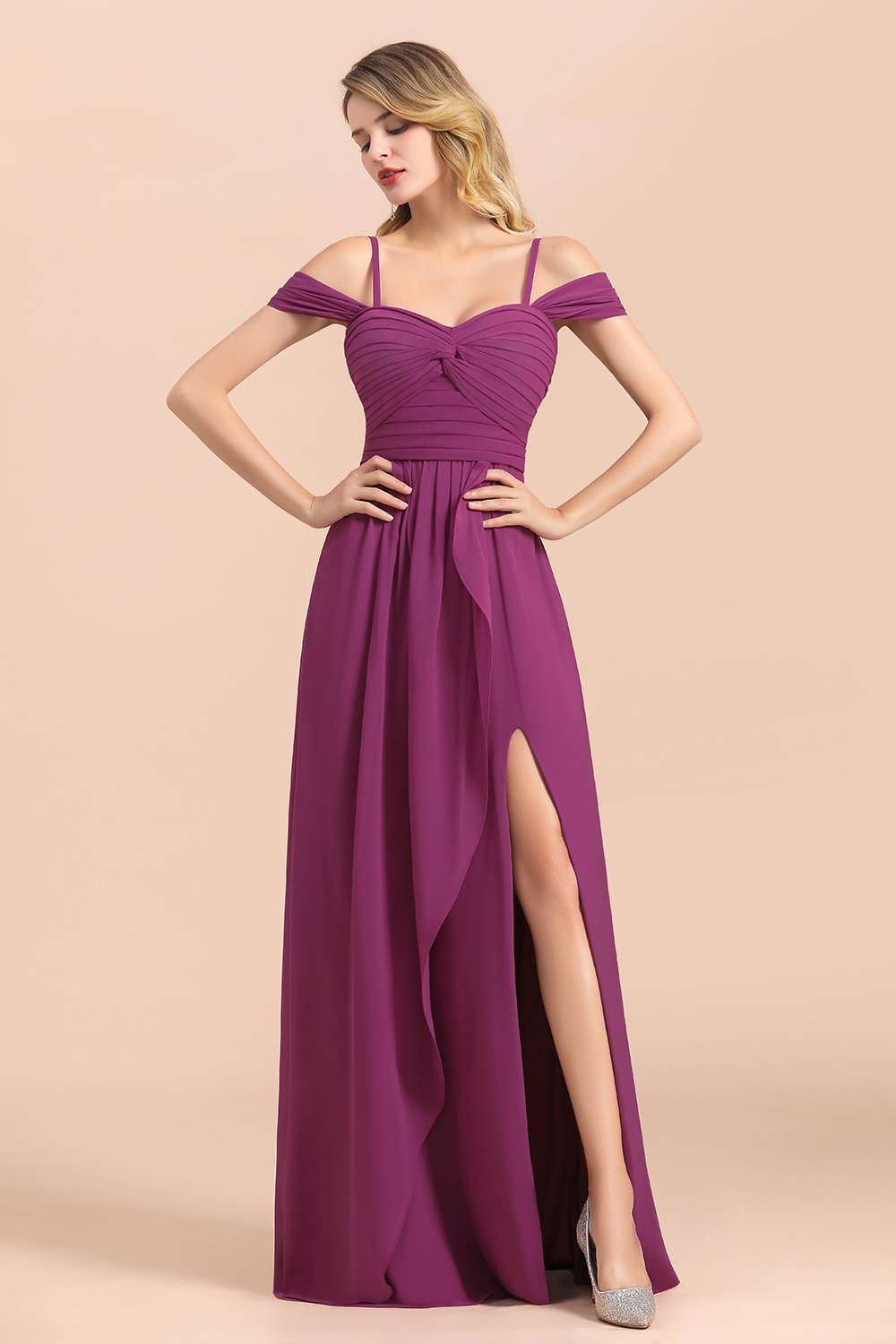 BMbridal Gorgeous Off-the-Shoulder Ruffle Orchid Bridesmaid Dress Online with Slit-BMbridal