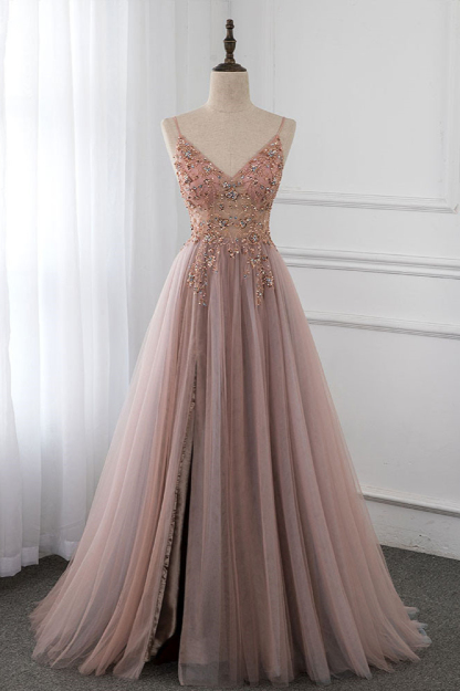 BMbridal Elegant Tulle Spaghetti Straps Appliques Prom Dresses with Front Slit Online