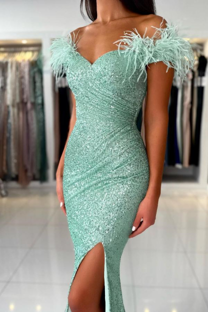 Mint Green Off-the-Shoulder Prom Dress Mermaid Sequins With Feather Slit