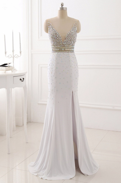 BMbridal Chic Chiffon V-Neck Rhinestones Prom Dresses with Front Slit On Sale
