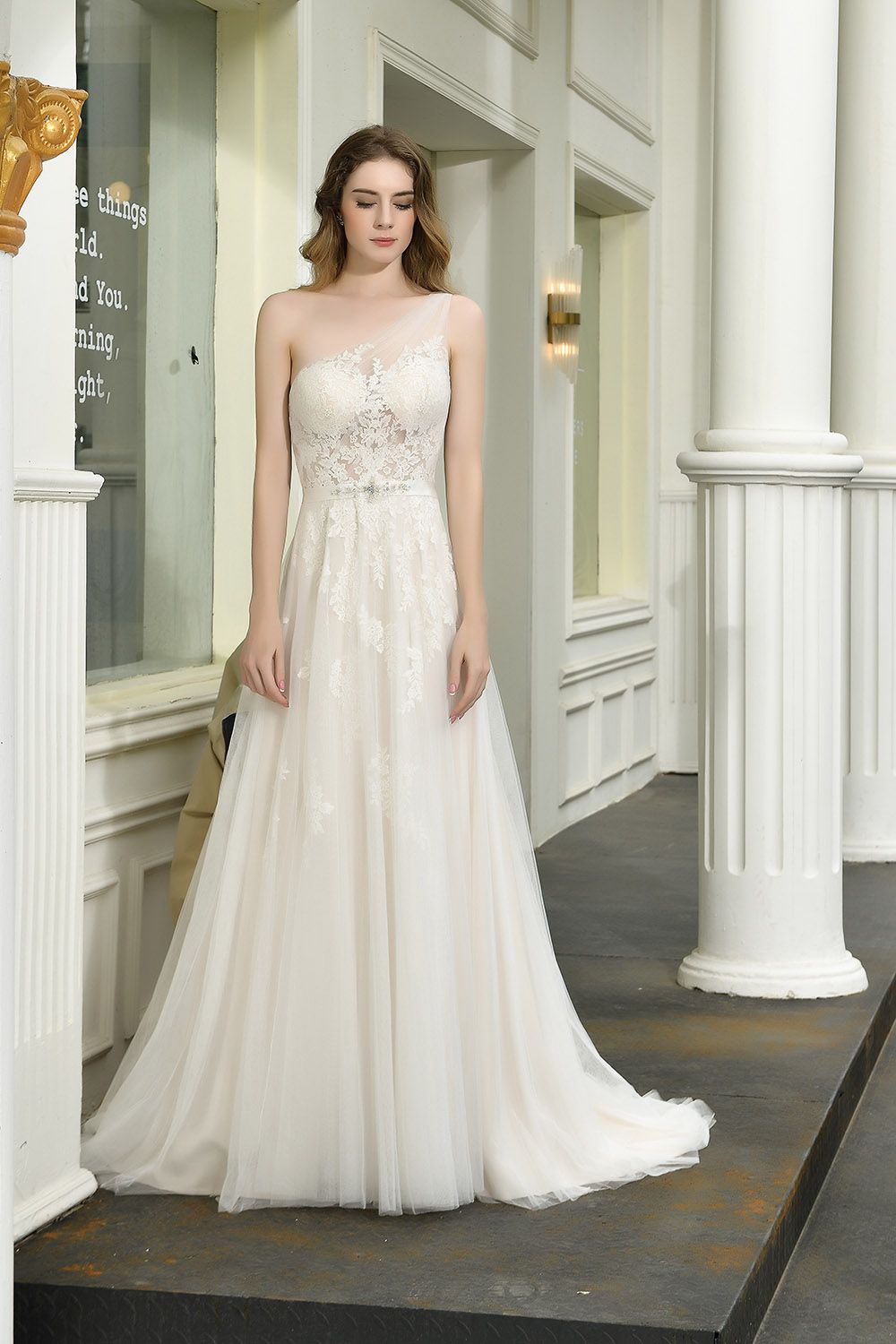 BMbridal Sexy A-Line One Shoulder Tulle Lace Ivory Wedding Dress Online