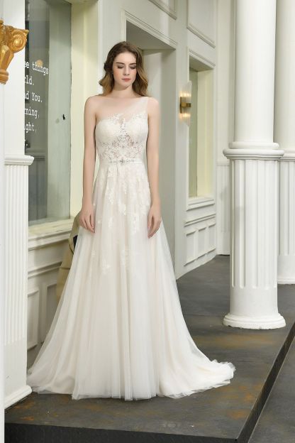 BMbridal Sexy A-Line One Shoulder Tulle Lace Ivory Wedding Dress Online