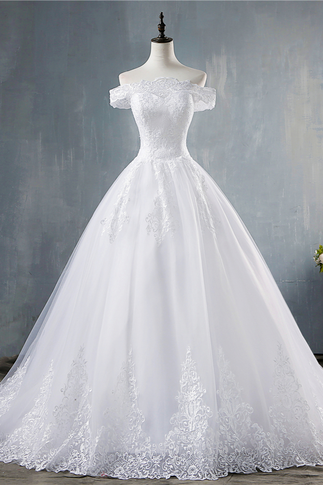 BMbridal Gorgeous Off-the-Shoulder White Tulle Wedding Dress Lace Appliques Bridal Gowns On Sale