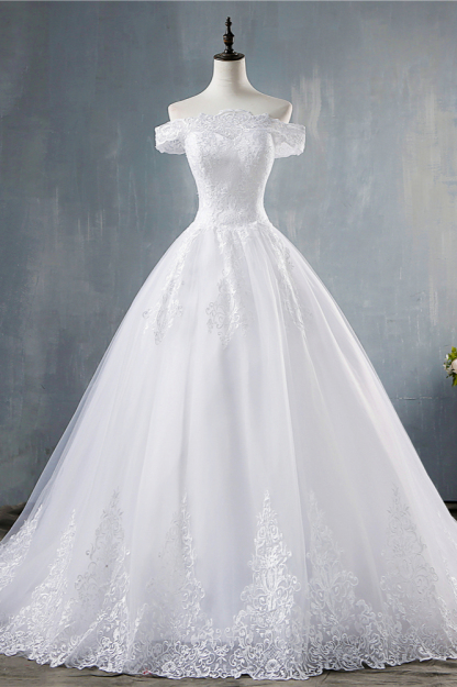 BMbridal Gorgeous Off-the-Shoulder White Tulle Wedding Dress Lace Appliques Bridal Gowns On Sale