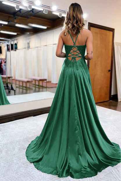 Dark Green Satin A-Line Appliques Prom Dress with Slit