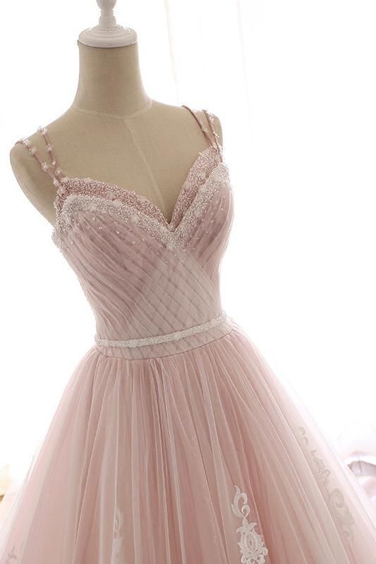 BMbridal Princess Sweetheart Lace Pink Prom Dress Long Tulle Party Gowns