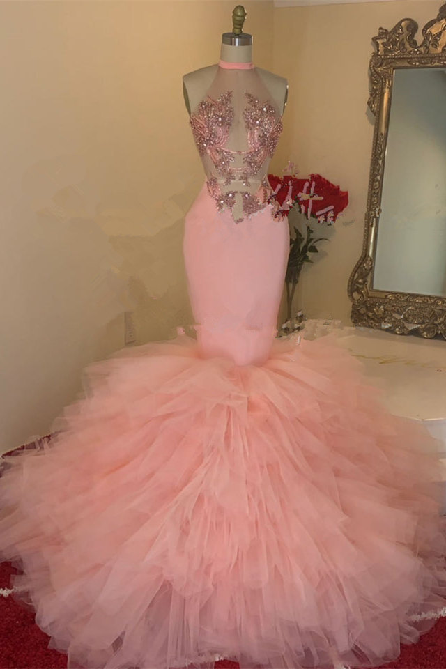 Bmbridal Pink Sleeveless Prom Dress Mermaid High Neck Tulle With Appliques