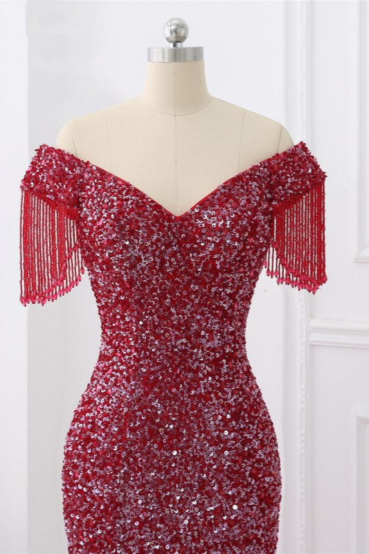 BMbridal Luxury Off-the-Shoulder Sequins Burgundy Mermaid Prom Dresses with Tassels