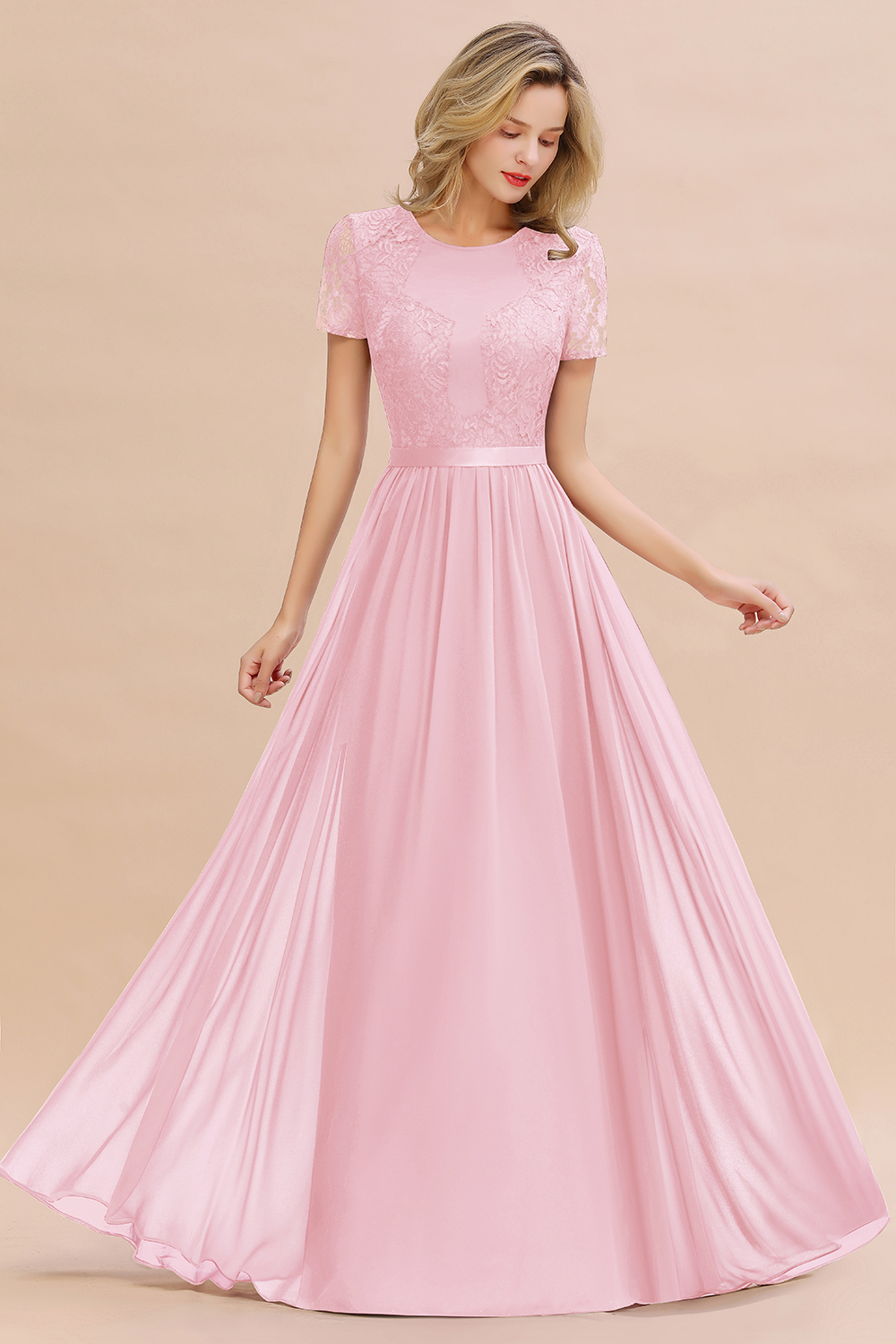 BMbridal Elegant Chiffon Lace Jewel Short-Sleeves Affordable Bridesmaid Dress-BMbridal