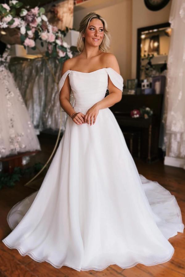 Bmbridal Satin Wedding Dress Off-the-Shoulder Slit Long-BMbridal