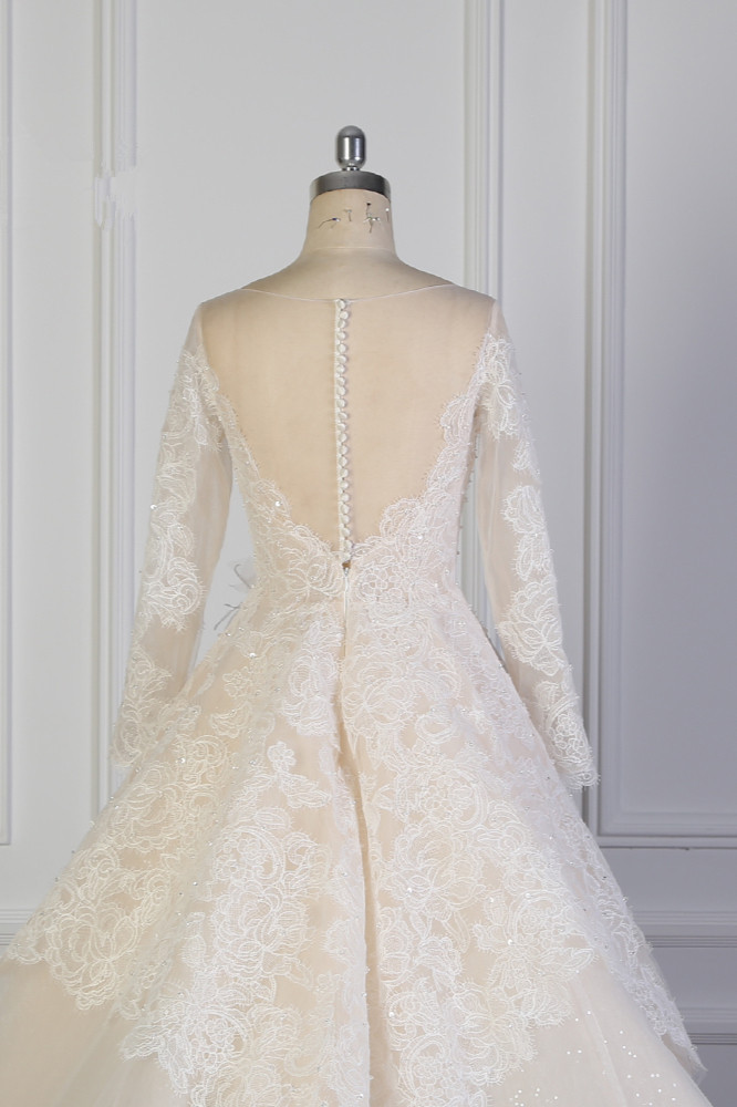 BMbridal Exquisite Lace Appliques Wedding Dress Tulle Long Sleeves Sequined Bridal Gown On Sale-BMbridal