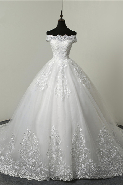 BMbridal Ball Gown White Tulle Sleeveless Wedding Dresses Off-the-Shoulder Lace Appliques Bridal Gowns-BMbridal