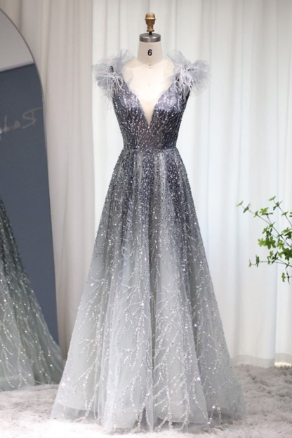 Bmbridal A-Line Tulle V-Neck Floor-Length Sleeveless Prom Dresses with Sequins