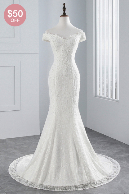 BMbridal Elegant Lace Off-the-Shoulder White Mermaid Wedding Dresses Affordable Online