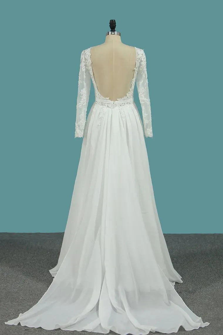 Elegant A-Line Chiffon Floor-Length Bateau Long Sleeves Wedding Dress with Ruffles
