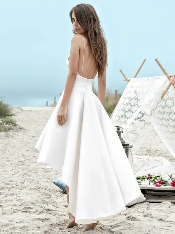 Beautiful Spaghetti-Straps A-Line Hi-Lo V-Neck Wedding Dress with Pockets
