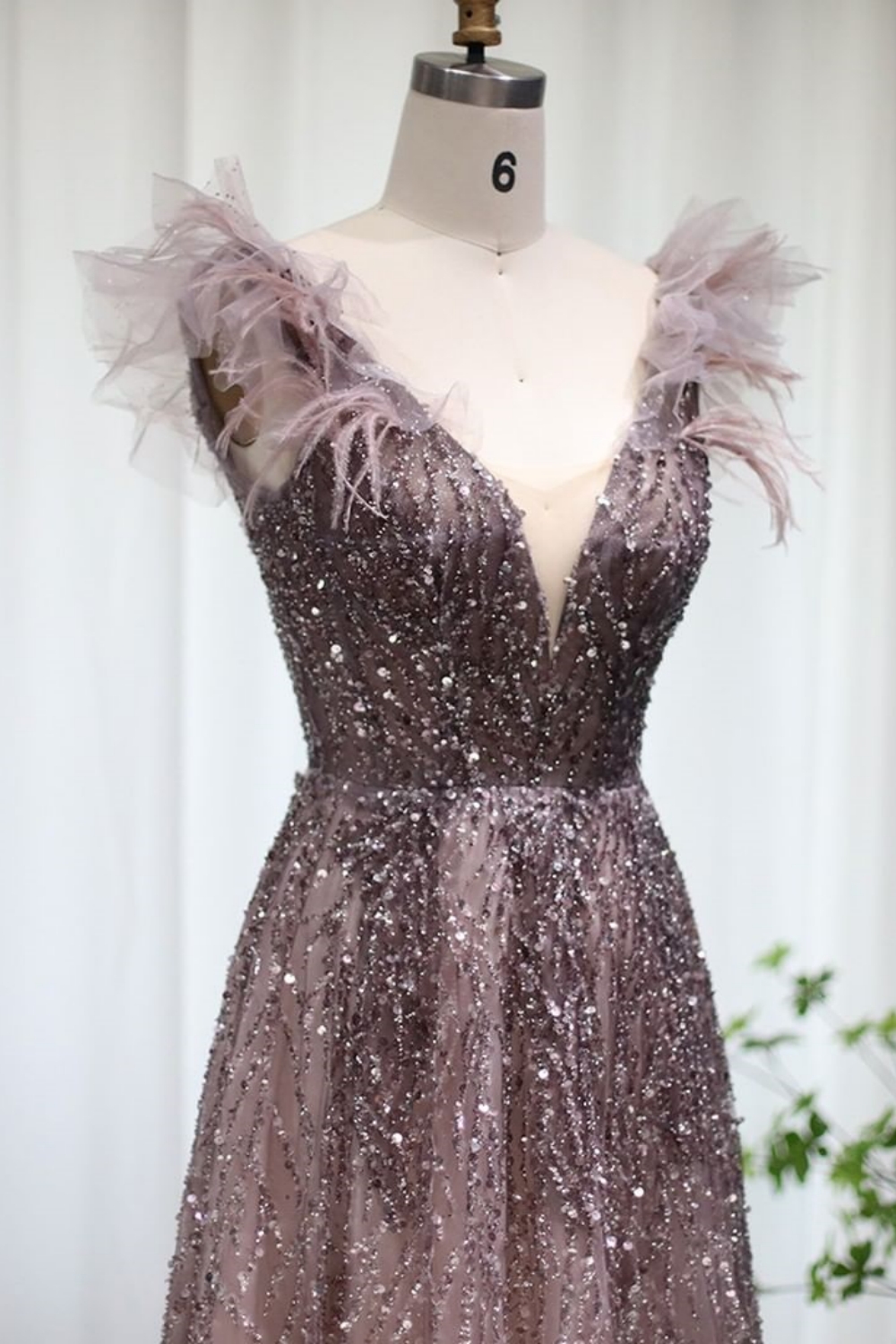 Bmbridal A-Line Tulle V-Neck Floor-Length Sleeveless Prom Dresses with Sequins