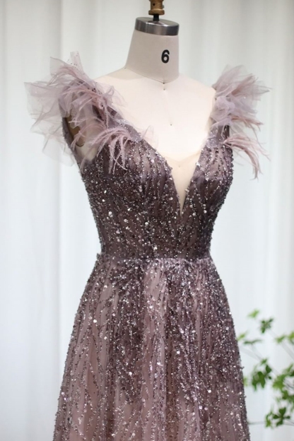 Bmbridal A-Line Tulle V-Neck Floor-Length Sleeveless Prom Dresses with Sequins