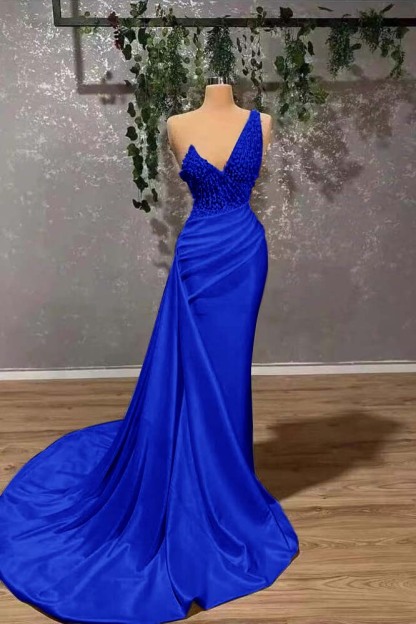 Ivory Elegant One Shoulder Sleeveless Prom Dress Mermaid Appliques With Ruffles