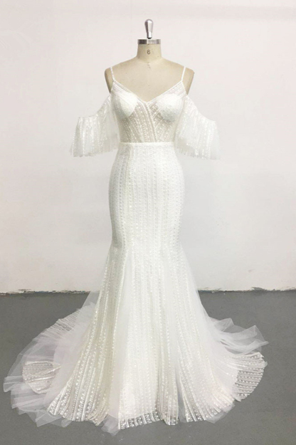 BMbridal Stylish Sleeveless V-Neck Ivory Wedding Dresses Spaghetti Straps Pearls Bridal Gowns On Sale-BMbridal