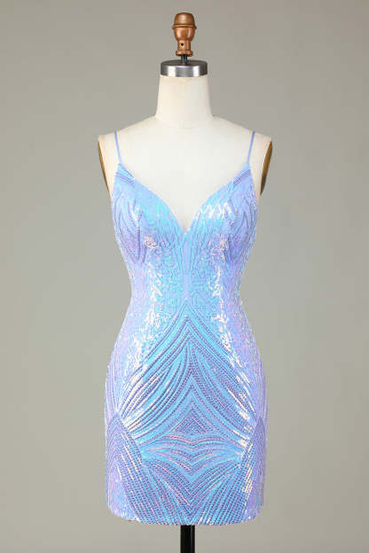 Glitter Blue Sequins Tight Short Homecoming Dress