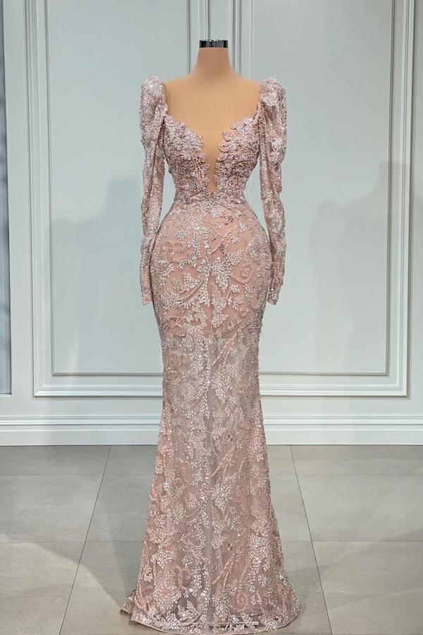 Bmbridal Pink Long Sleeves Evening Dress Mermaid With Lace Beadings