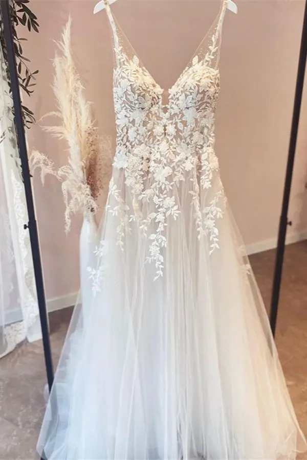 Beautiful Open Back Long A-Line V-Neck Wedding Dress with Tulle Appliques Lace
