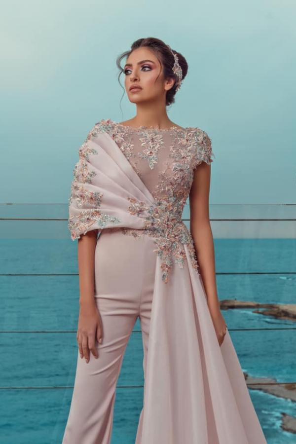 Fashionable Bateau Short Sleeves Lace Jumpsuit with Train-BMbridal