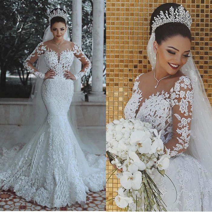 Bmbridal Long Sleeves Mermaid Wedding Dress With Lace Appliques-BMbridal